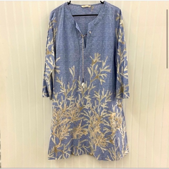 NEW CONDITION Soft Surrounds Blue Cotton Shell Seeker Embroidered Tunic Sz L - Picture 2 of 11